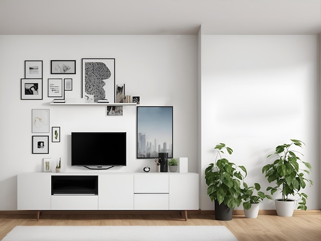 Een woonkamermuur met foto's, een televisieplank en een ladekast