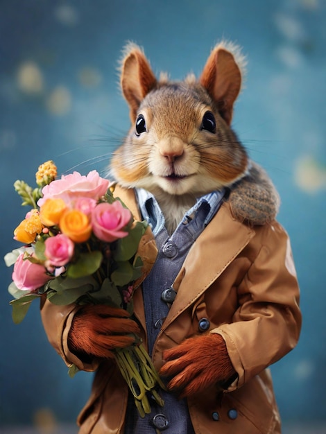 Foto een wrede eekhoorn een eekhoorn in een bruine leren jas met een boeket bloemen in zijn handen gefeliciteerd met de feestdag