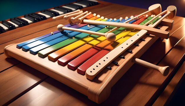 een xylofoon en glockenspiel schitteren onder zachte studio lichten in een opnamestudio