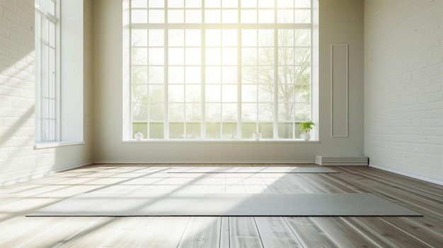 Een yoga mat geplaatst op de vloer van een lege yoga klas klaar voor beoefenaars te gebruiken tijdens hun