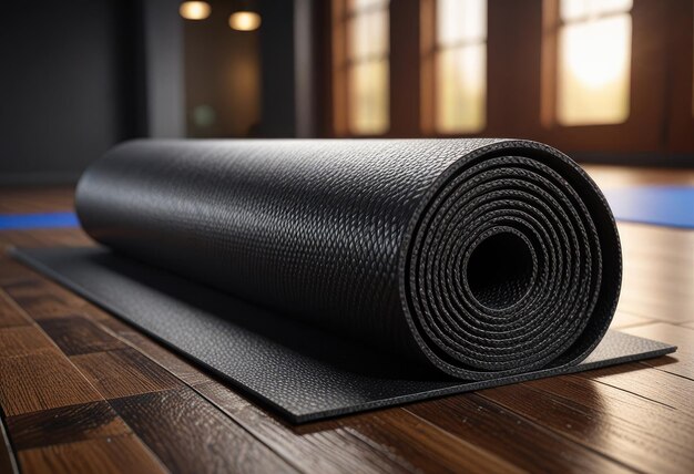 een yoga mat met een zwarte mat op de vloer en een open haard op de achtergrond