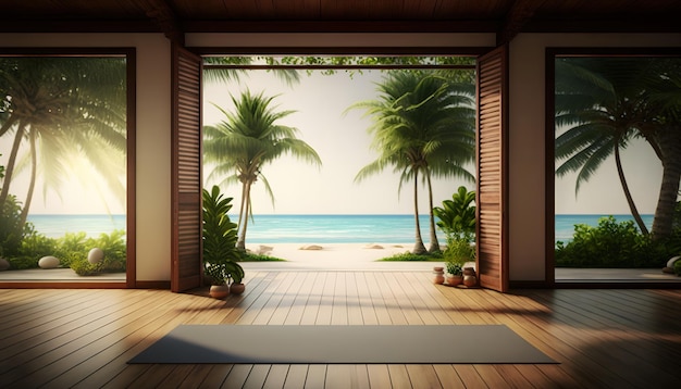 Een yogaruimte met uitzicht op het strand en de palmbomen.