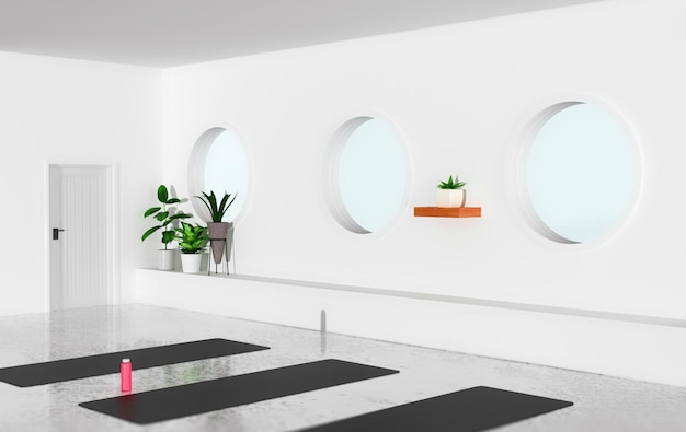 Foto een yogastudio met een roze mat en een plant aan de muur