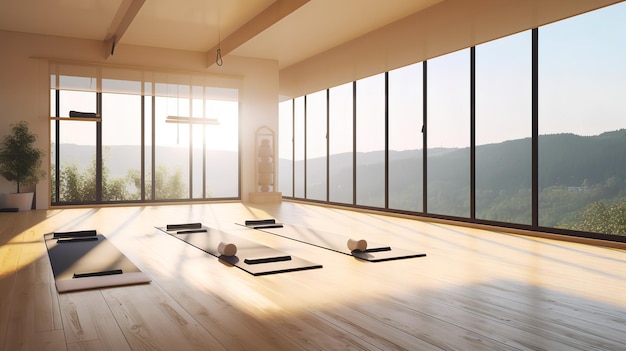 Een yogastudio met uitzicht op de bergen