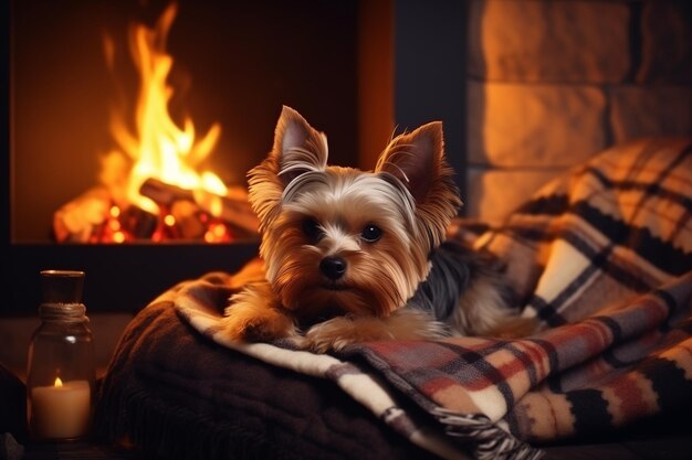 Een Yorkshire Terrier hond ligt op een bed met een plaid op de achtergrond van een kamer