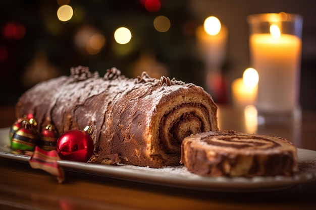 een Yule log-dessert met kerstversieringen en cadeautjes zacht vervaagd op de achtergrond