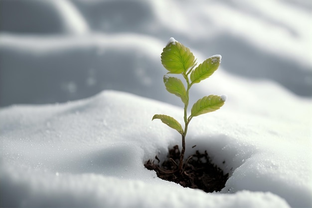 Een zaailing die door sneeuw tevoorschijn komt die het doorzettingsvermogen o symboliseert