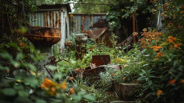 Een zacht gefocust landschap van een overgroeide tuin met roestige artefacten en vervallen architectuur