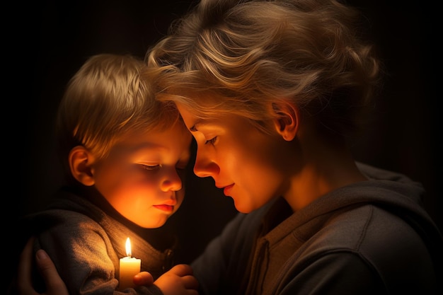 Een zacht moment, een mooie blonde moeder die zich verbindt met haar pasgeboren baby in een zacht gloeiend licht.