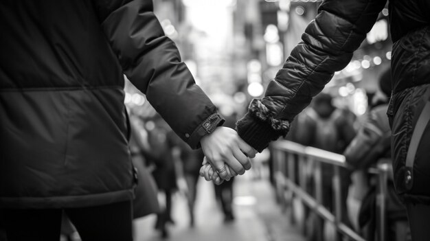 Foto een zacht moment te midden van de chaos twee handen vinden troost in elkaar op een drukke stadsstraat liefde verbinding en sereniteit te midden van een drukke wereld