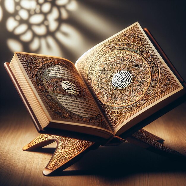 Foto een zacht verlichte open koran op een sierlijke houten reliëf tegen een serene achtergrond