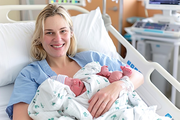 Een zachte glimlach van een moeder die haar pasgeboren baby met pure liefde en genegenheid in een teder moment knuffelt