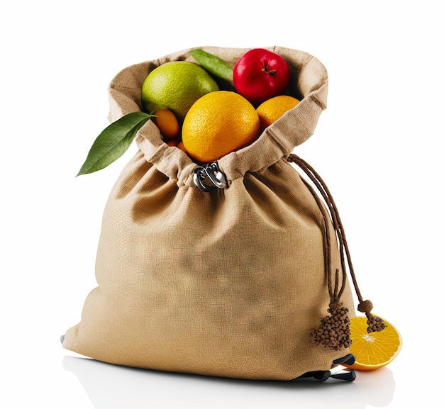 Een zak fruit uit de supermarkt, sappig fruit in een milieuvriendelijke verpakking, gegenereerd door AI.
