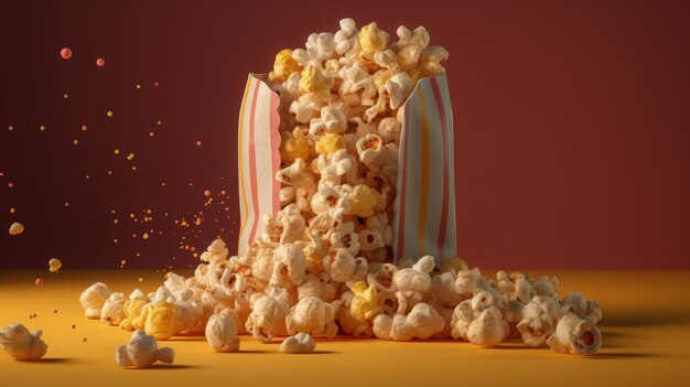 Een zak popcorn met een geel-wit gestreepte hoes en het woord popcorn erop