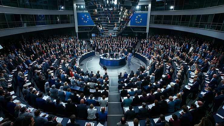 Een zakelijke bijeenkomst in een cirkelvormige zaal