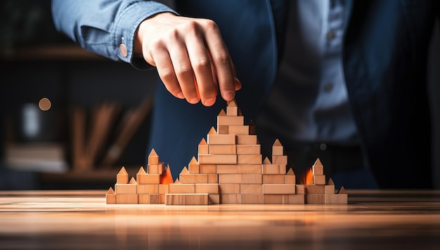 Een zakenman bouwt een piramide van houten blokken op een tafel in zijn kantoor.