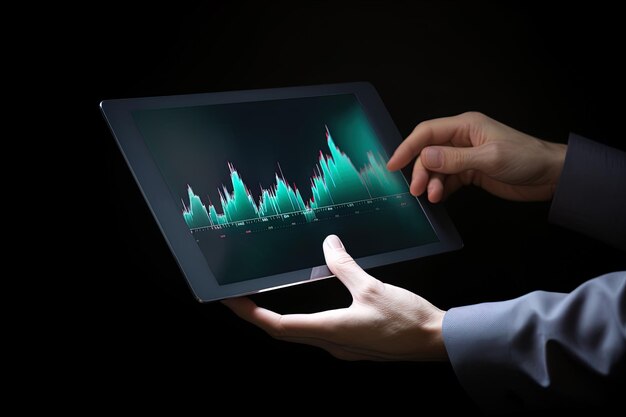Een zakenman die aandelenmarktgegevens analyseert op een tablet met een donkere achtergrond
