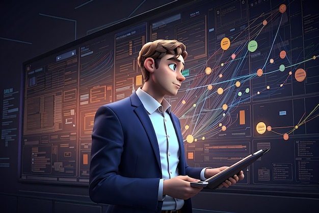 Een zakenman die AI Big Data Digitale Neuronale Netwerken gebruikt om informatie te analyseren en te visualiseren
