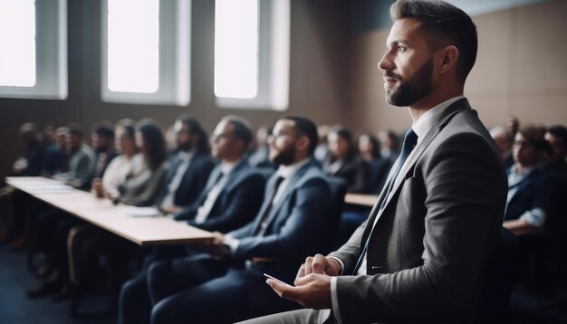 Een zakenman die een conferentie bijwoont ter bevordering van professionele groei Generatieve AI