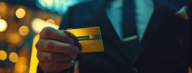 Een zakenman die een creditcard aanbiedt in het avondlicht