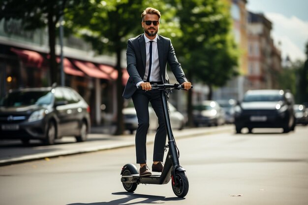 Een zakenman die een scooter rijdt in het midden van een stadsstraat.