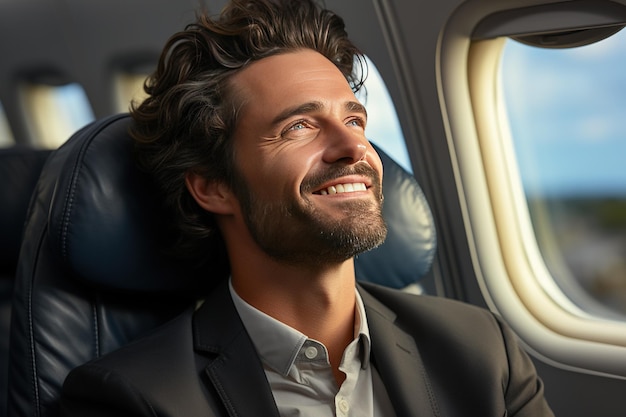 Een zakenman die in een stoel in een vliegtuig zit en uit het raam kijkt