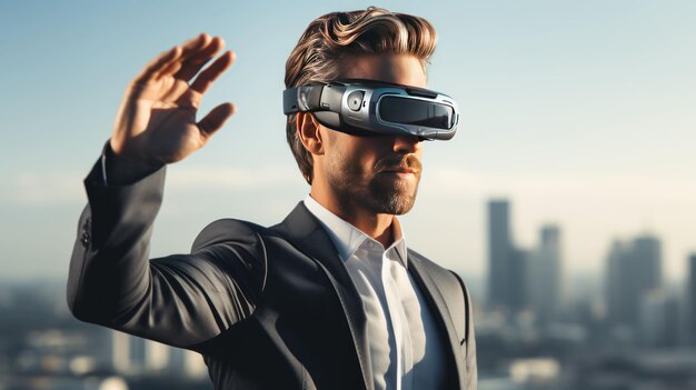 Een zakenman die met zijn familie praat met een virtual reality bril.