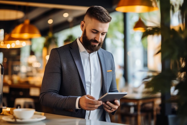 Een zakenman die op een laptop werkt in een café