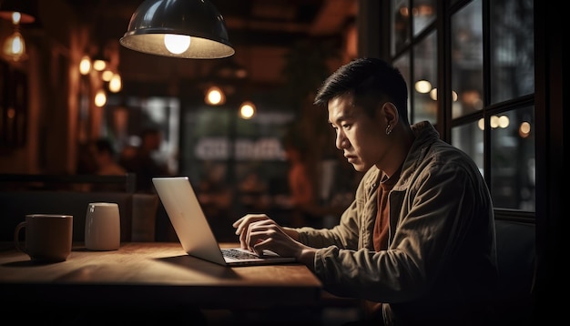 Een zakenman die op een laptop werkt in een coffeeshop die het idee van werken op afstand promoot