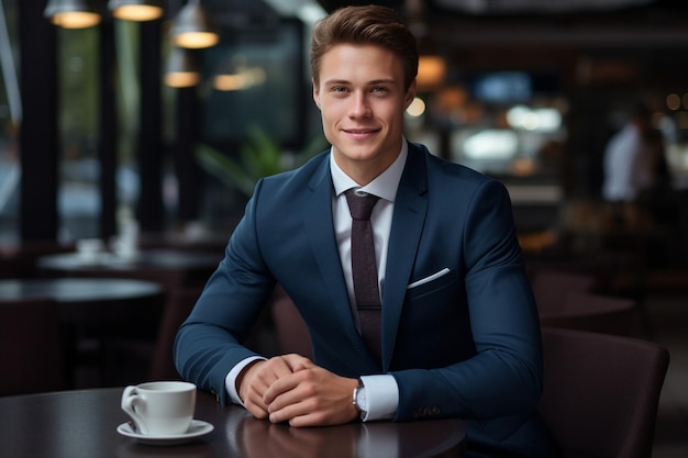 Een zakenman die poseert in een café.