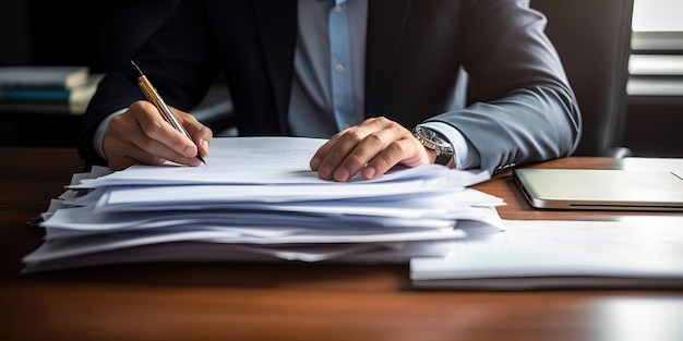 Een zakenman die werkt op het gebied van financiële boekhouding met een heleboel documenten op tafel thuis