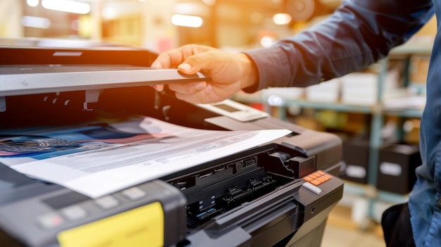Een zakenman drukt documenten op kantoor af met behulp van een multifunctionele lasersprinter met inkt of toner