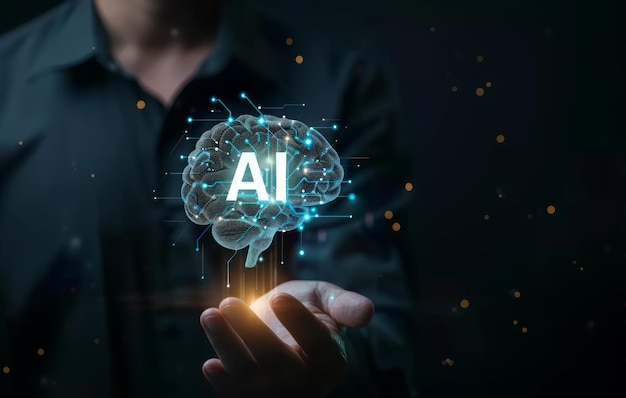 Een zakenman houdt een AI-brein-icoon vast met gloeiende lichteffecten tegen een donkere achtergrond Futuristisch technologisch innovatieconcept