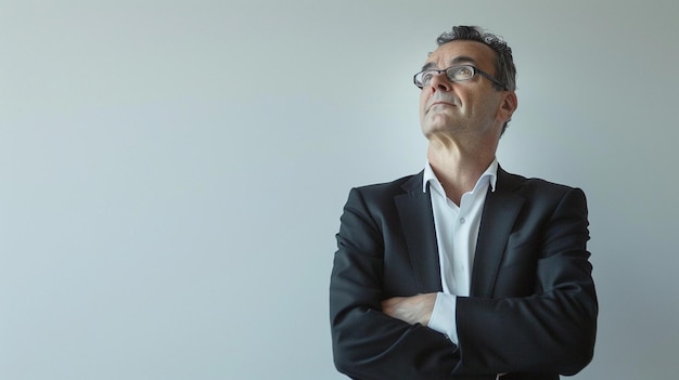 Een zakenman in een goed gesneden pak die zelfverzekerd tegen een witte achtergrond staat