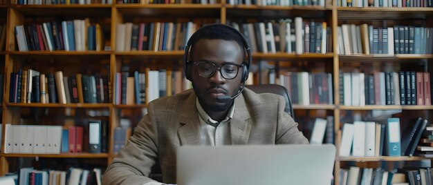 Een zakenman in een modern kantoor met een laptop en een headset voor een conference call Concept Business Modern Office Remote Work Technology Communication