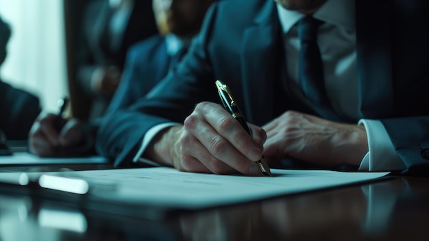 een zakenman in formele kleding tekent op een contract de camera is geplaatst op een gematigde afstand