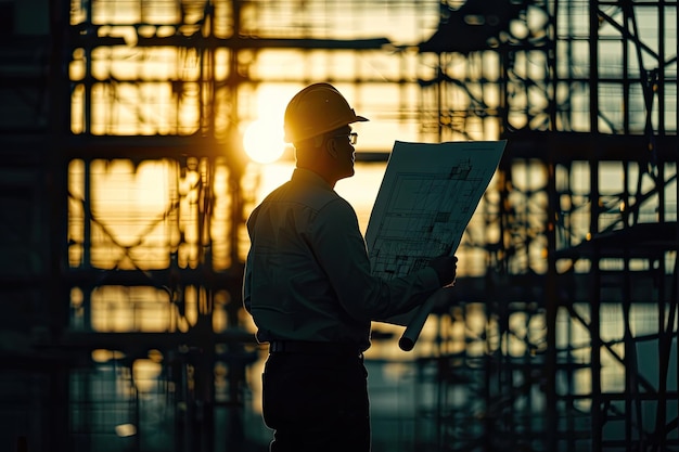 Een zakenman-ingenieur bekijkt de blauwdruk van de voortgang en de groei van de bouwplaats.