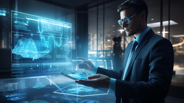 Foto een zakenman interactie met geavanceerde augmented reality ar business interface