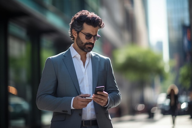 een zakenman is gekleed in een pak en heeft zijn telefoon bij zich