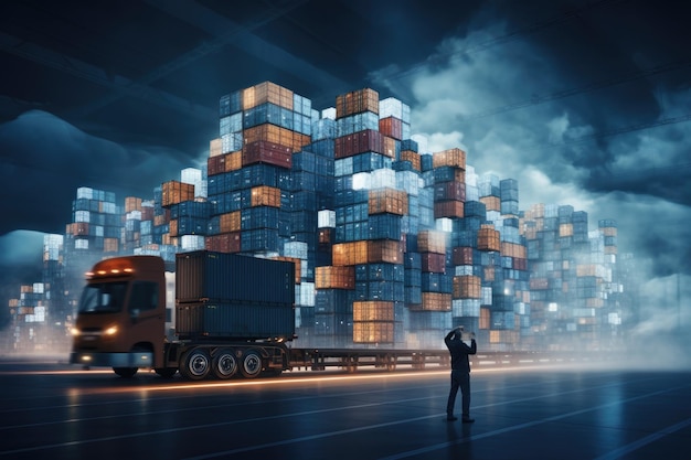 Een zakenman kijkt naar het virtuele interface paneel van het wereldwijde logistieke netwerk voor distributie en transport Smart Logistics Generative AI