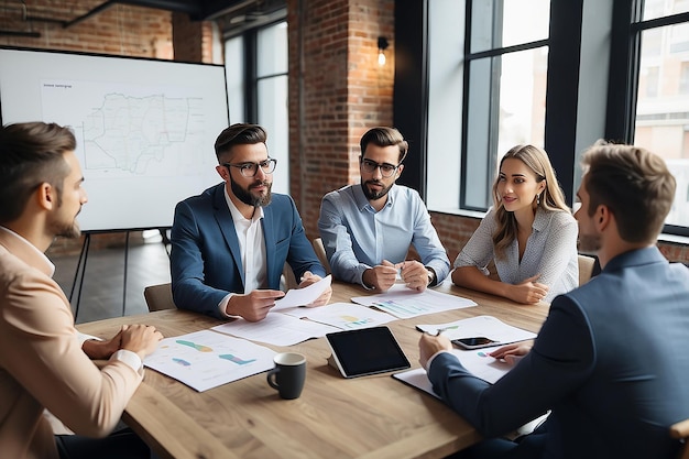 Een zakenman legt zijn bedrijfsstrategie uit aan collega's tijdens een vergadering in een coworkingkantoor