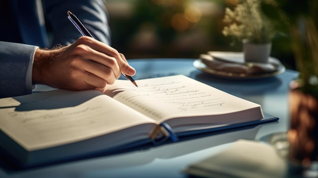 Een zakenman maakt aantekeningen in een notitieboek.