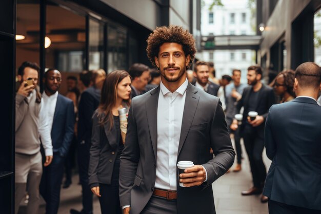 Een zakenman met een koffiekop in de stad.