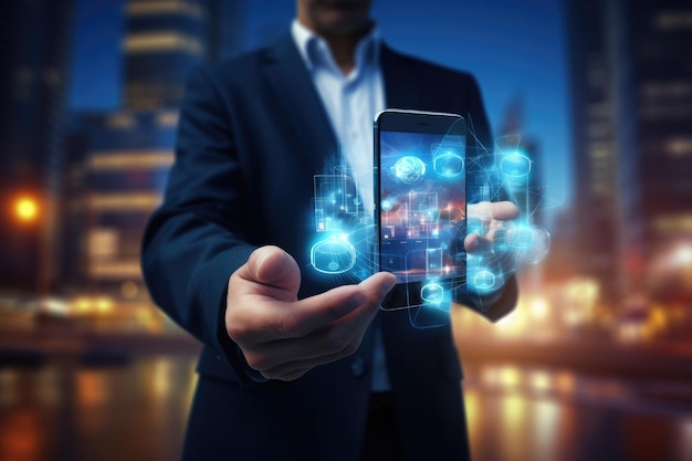Een zakenman met een smartphone met een wereldwijde netwerkverbinding en een stadsbeeld op de achtergrond Een zakenman die 3D-mobiele applicaties in zijn hand houdt tegen een wazige achtergrond gegenereerd door AI