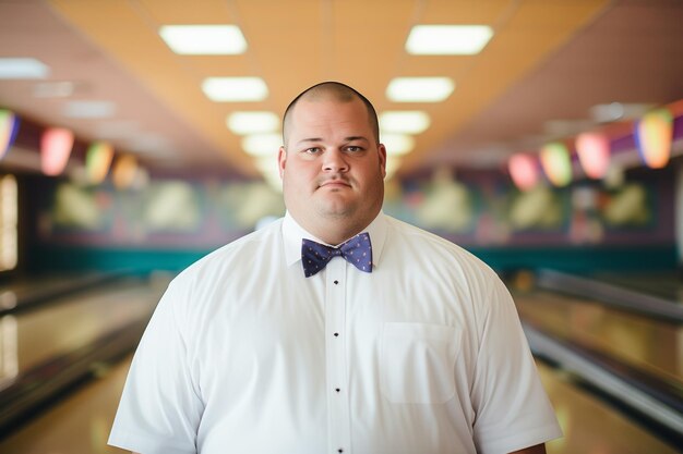 Een zakenman met een zelfverzekerde glimlach voor het bowlen.