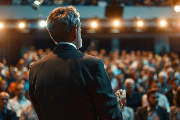 Een zakenman spreekt een grote menigte aan