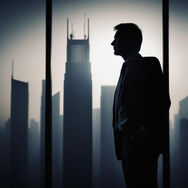 Foto een zakenman uit de stad staat op een wolkenkrabber met een verlichte silhouet.