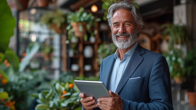 Een zakenman van middelbare leeftijd die een digitale tablet gebruikt op kantoor. Een professionele manager die wegkijkt terwijl hij aan een technologisch apparaat werkt.