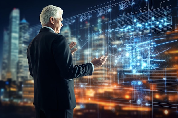 Een zakenman wijst naar zijn presentatie op het futuristische digitale scherm