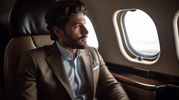 Een zakenman zit in een modern vliegtuig klaar om voor zaken te reizen